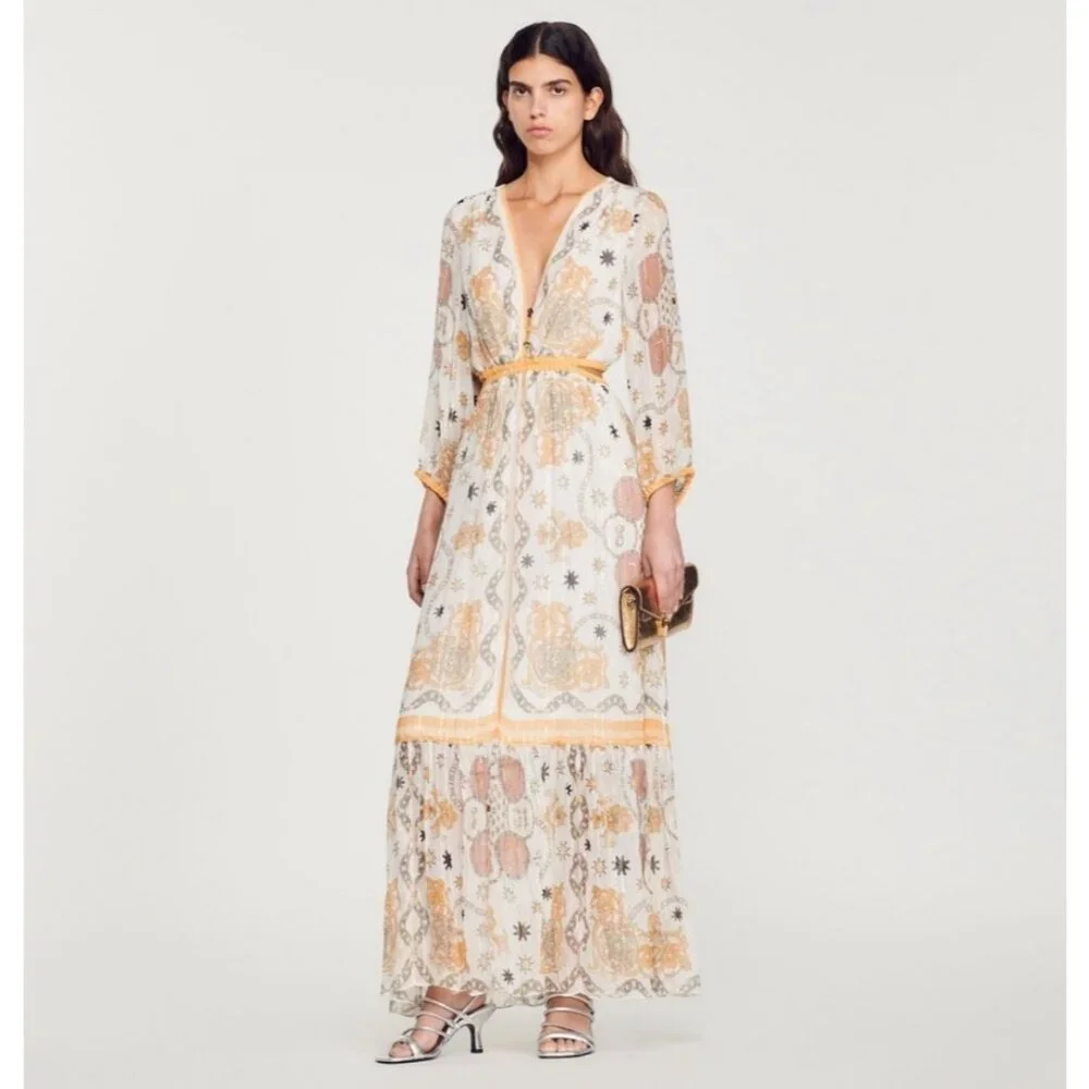 NWT Sandro Valldemossa Metallic Scarf Print Cutout Maxi Dress 36